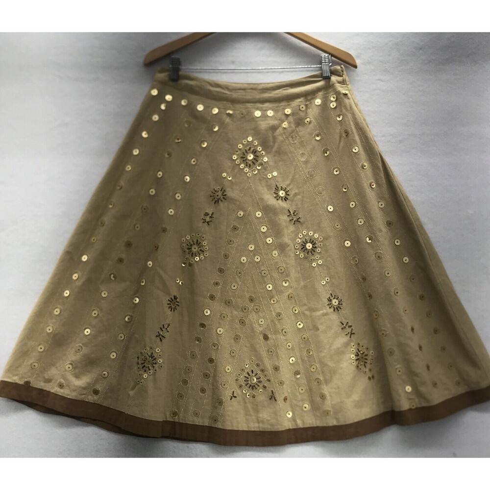 Carole Little Skirt Size 12 Linen Blend Paneled Lined Flare Tan Embellished